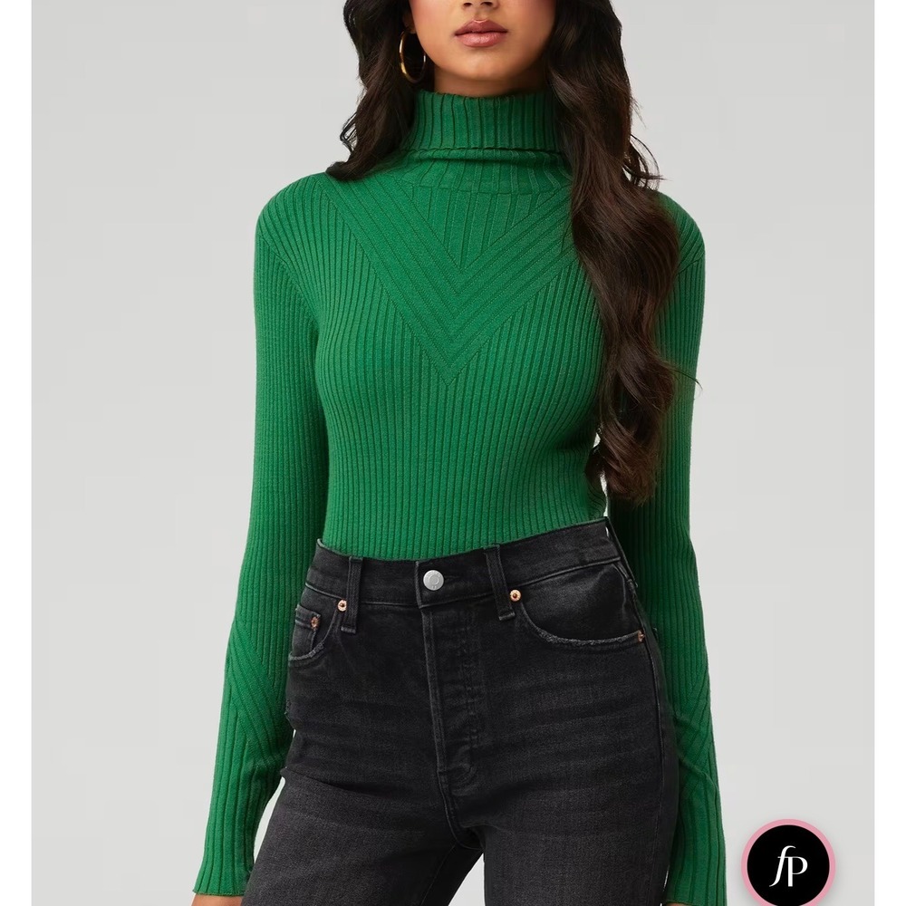 Varley Esme Ribbed Turtleneck Sweater Roll Neck Long Sleeve Green Size M